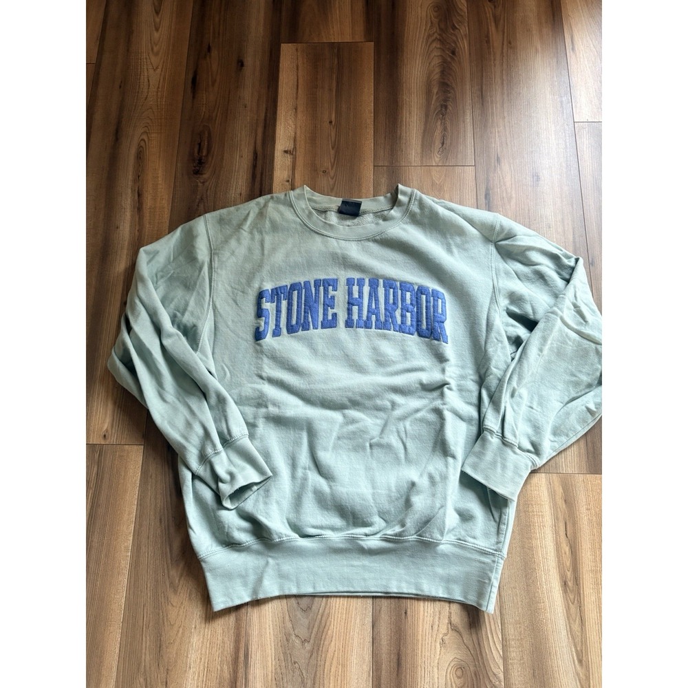 MV Sport Stone Harbor Sweatshirt Large Green Blue Lettering Beach Crewneck